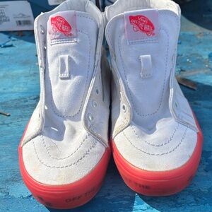 Vans Kids White Canvas High-Top Sneakers with Red Sole Accents